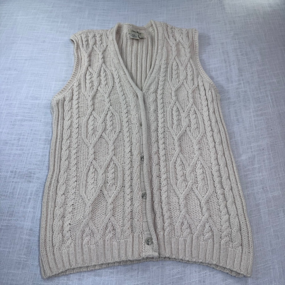 VTG Eddie Bauer Cable Knit Cardigan Vest Women L Cream Fisherman Preppy Coastal - Picture 11 of 15